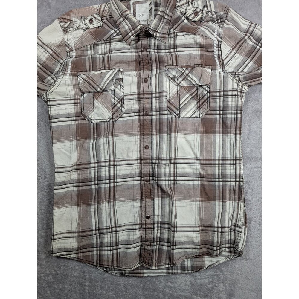 BKE Button Up Shirt Mens Medium Brown Plaid Pearl Snap Athletic Fit Western - Picture 4 of 10